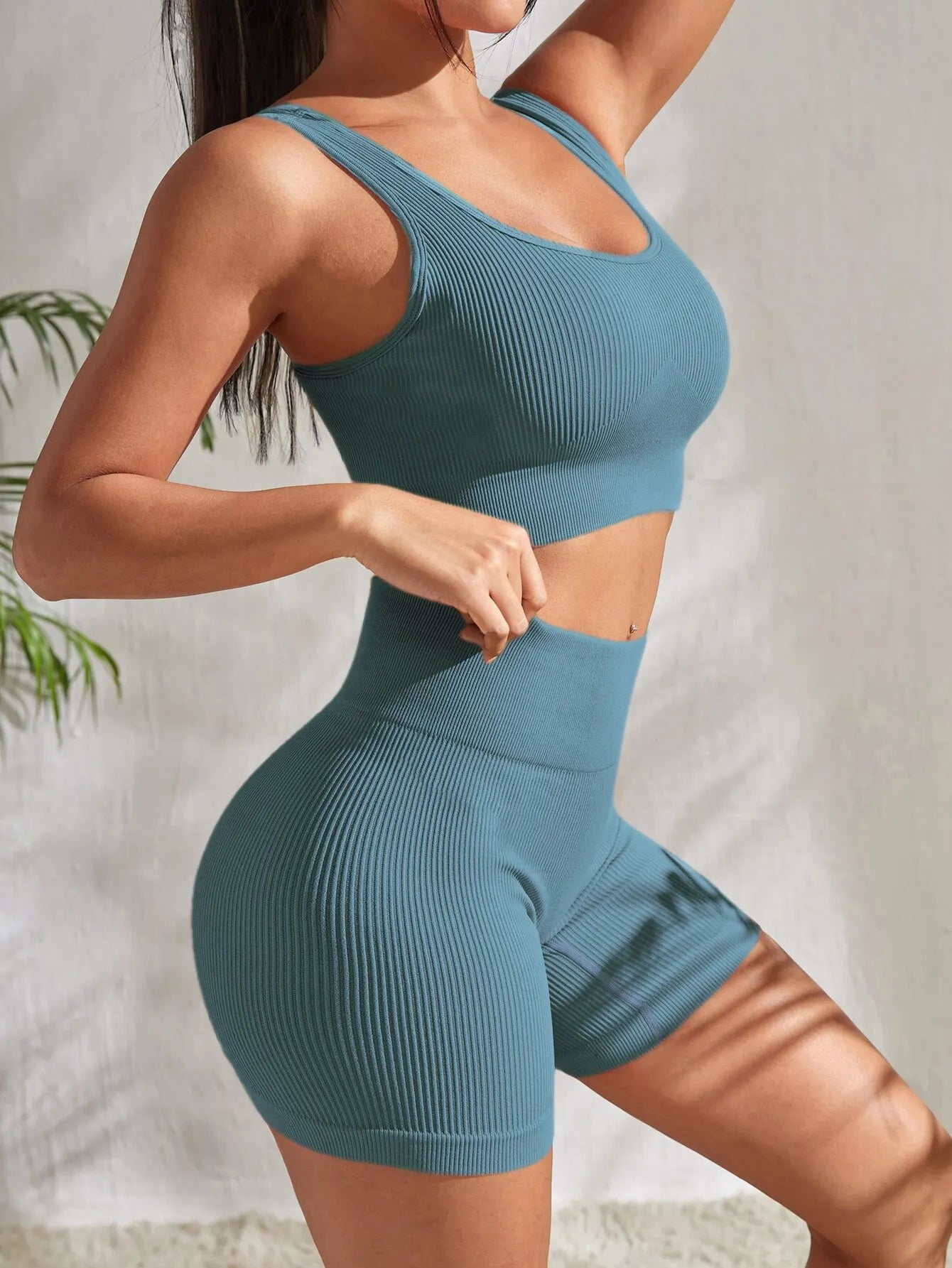Ribbed Fitness Shorts Set for Women – Seamless Gym Outfit