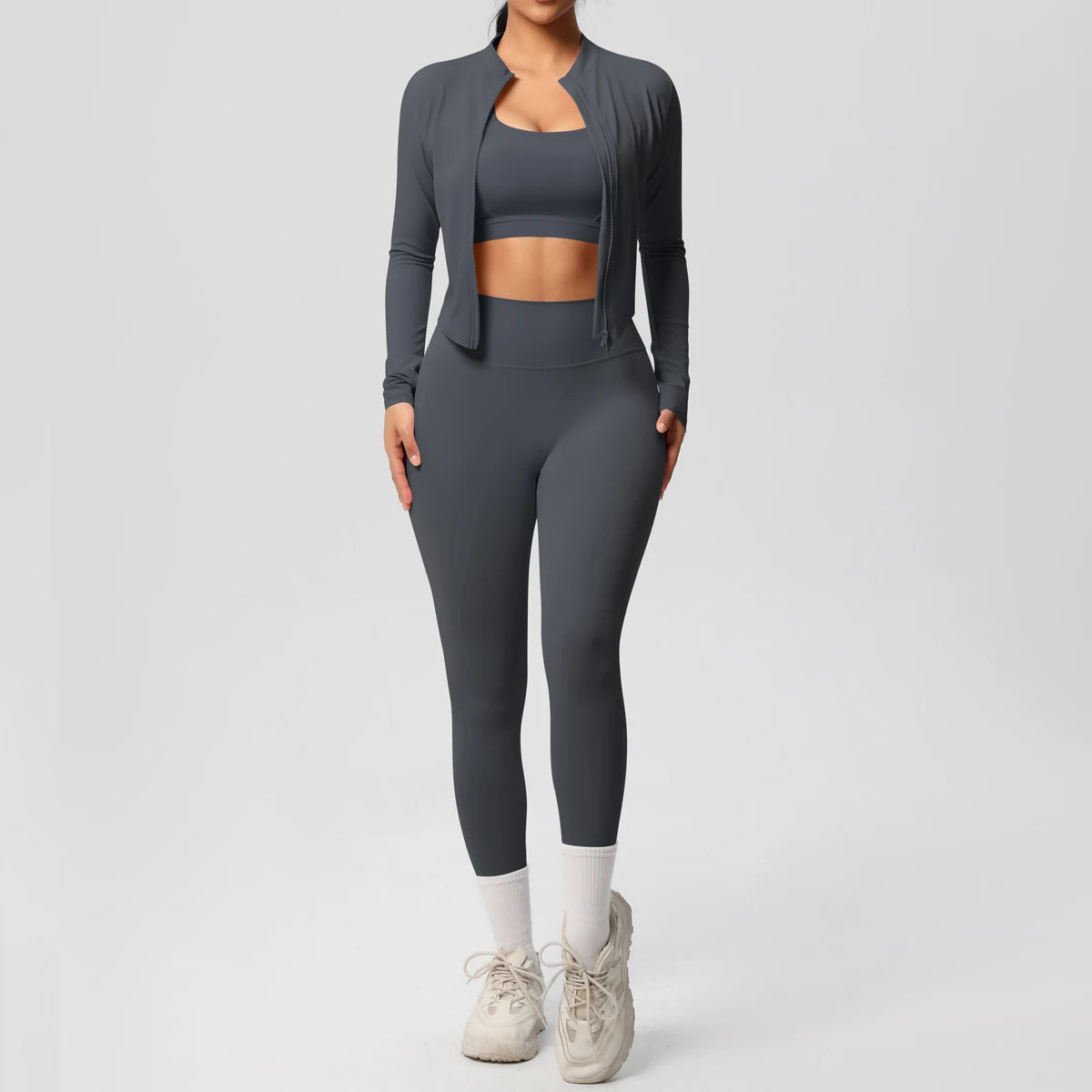 3-Piece SculptFit Yoga Set – Sports Bra, Zip Jacket & Leggings