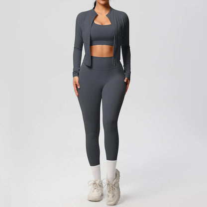 3-Piece SculptFit Yoga Set – Sports Bra, Zip Jacket & Leggings