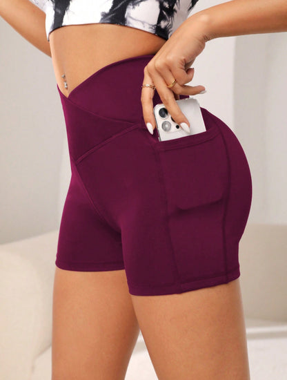 High-Waist Cross Waist Biker Shorts with Pockets