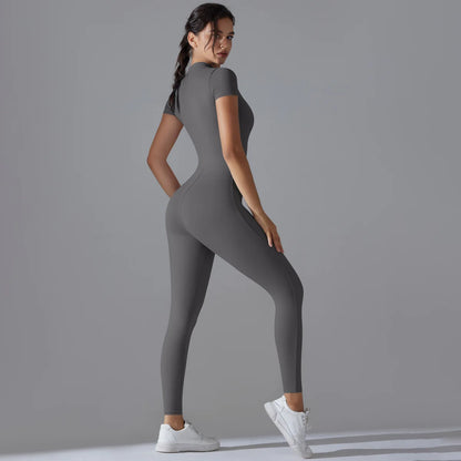 Zip-Up Short Sleeve Fitness Jumpsuit