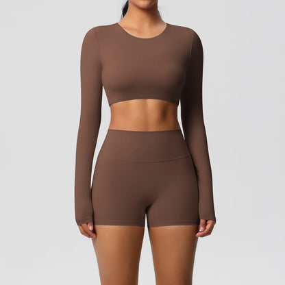 Women's 2-Piece Long Sleeve Yoga Set – High-Waisted Leggings & Crop Top Workout Outfit