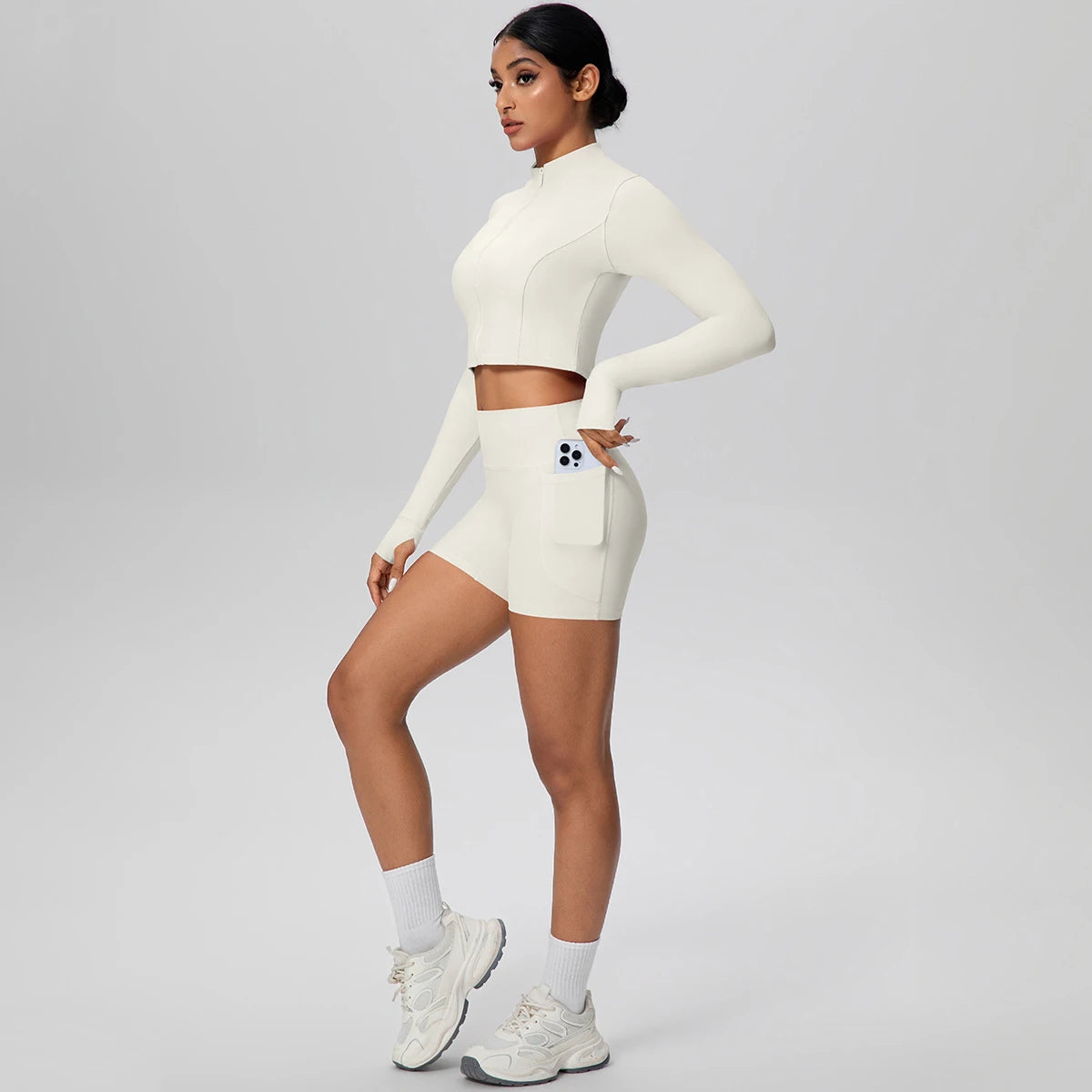 Women's Quick-Dry Running & Yoga Set – Zip-Up Jacket & Pocket Workout Shorts (2-Piece Activewear Set)