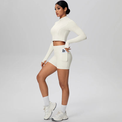 Women's Quick-Dry Running & Yoga Set – Zip-Up Jacket & Pocket Workout Shorts (2-Piece Activewear Set)