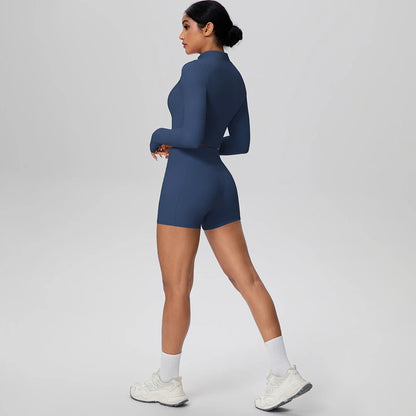 Women's Quick-Dry Running & Yoga Set – Zip-Up Jacket & Pocket Workout Shorts (2-Piece Activewear Set)