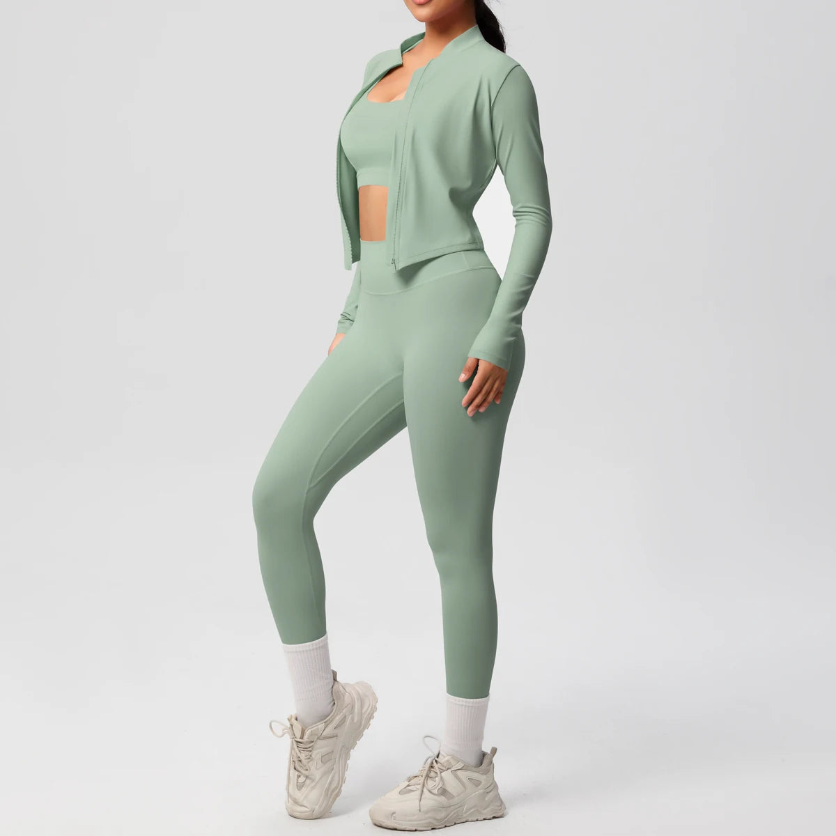 3-Piece SculptFit Yoga Set – Sports Bra, Zip Jacket & Leggings