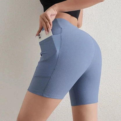 Cross-Band High-Waist Biker Shorts with Pockets
