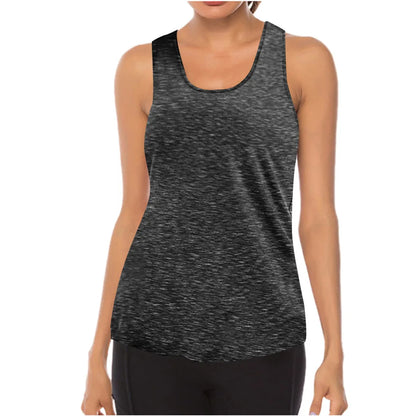 Black tank top worn by a person on a white background