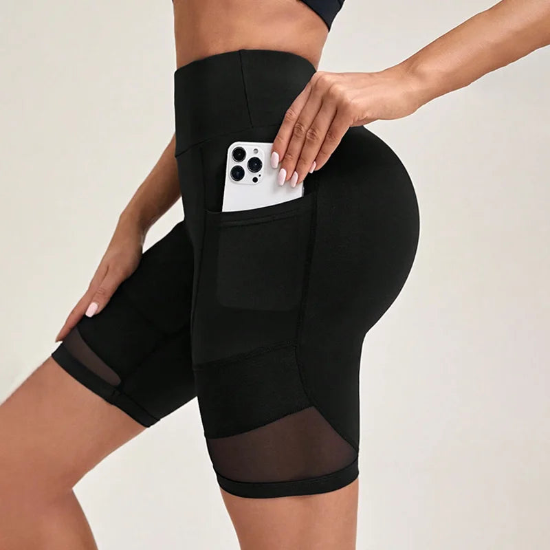 High-Waist Mesh Workout Shorts with Pockets