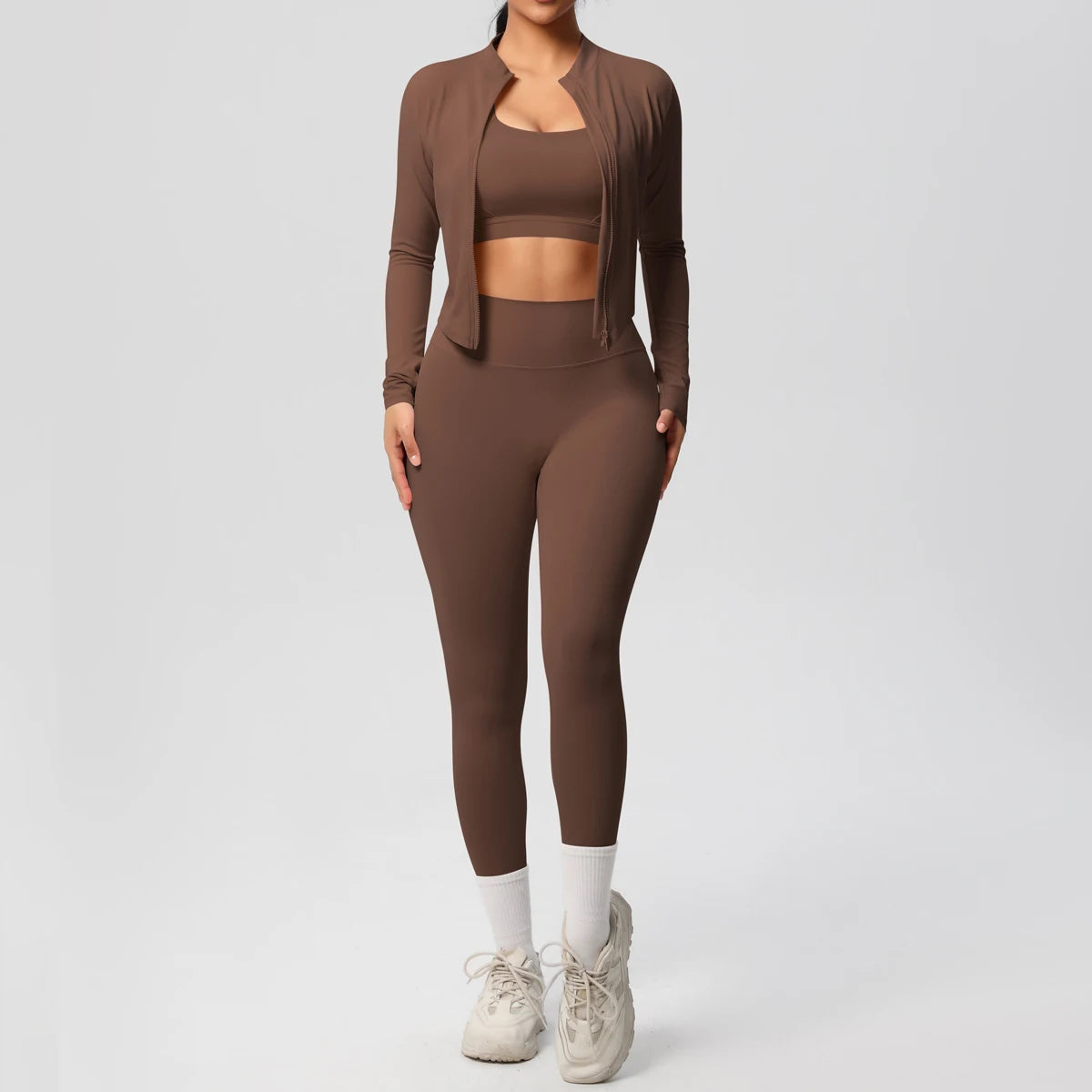 3-Piece SculptFit Yoga Set – Sports Bra, Zip Jacket & Leggings