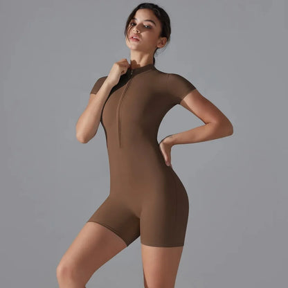 Zip-Up Short Sleeve Yoga Jumpsuit