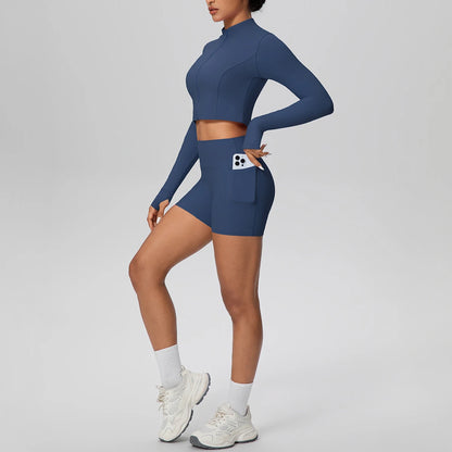 Women's Quick-Dry Running & Yoga Set – Zip-Up Jacket & Pocket Workout Shorts (2-Piece Activewear Set)