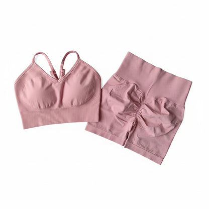Pink ribbed bra and shorts set 