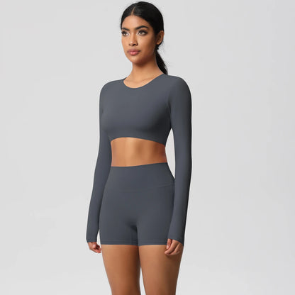 Women's 2-Piece Long Sleeve Yoga Set – High-Waisted Leggings & Crop Top Workout Outfit
