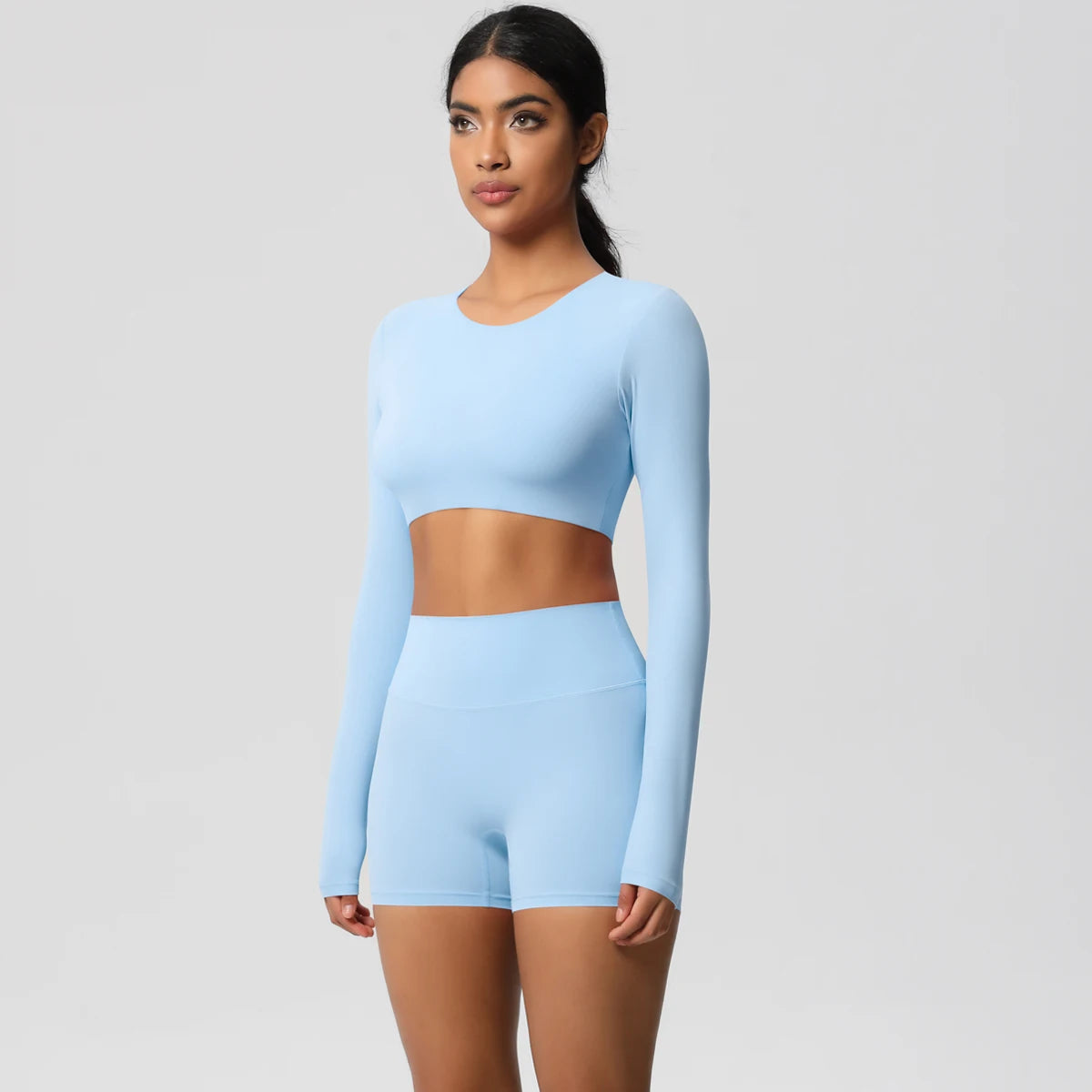 Women's 2-Piece Long Sleeve Yoga Set – High-Waisted Leggings & Crop Top Workout Outfit