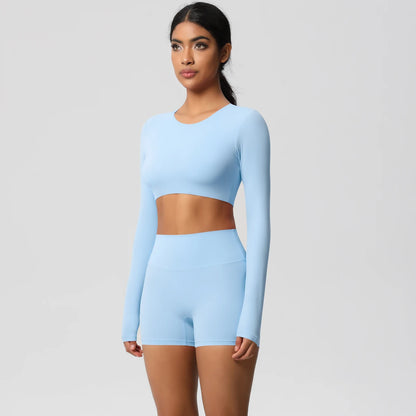 Women's 2-Piece Long Sleeve Yoga Set – High-Waisted Leggings & Crop Top Workout Outfit