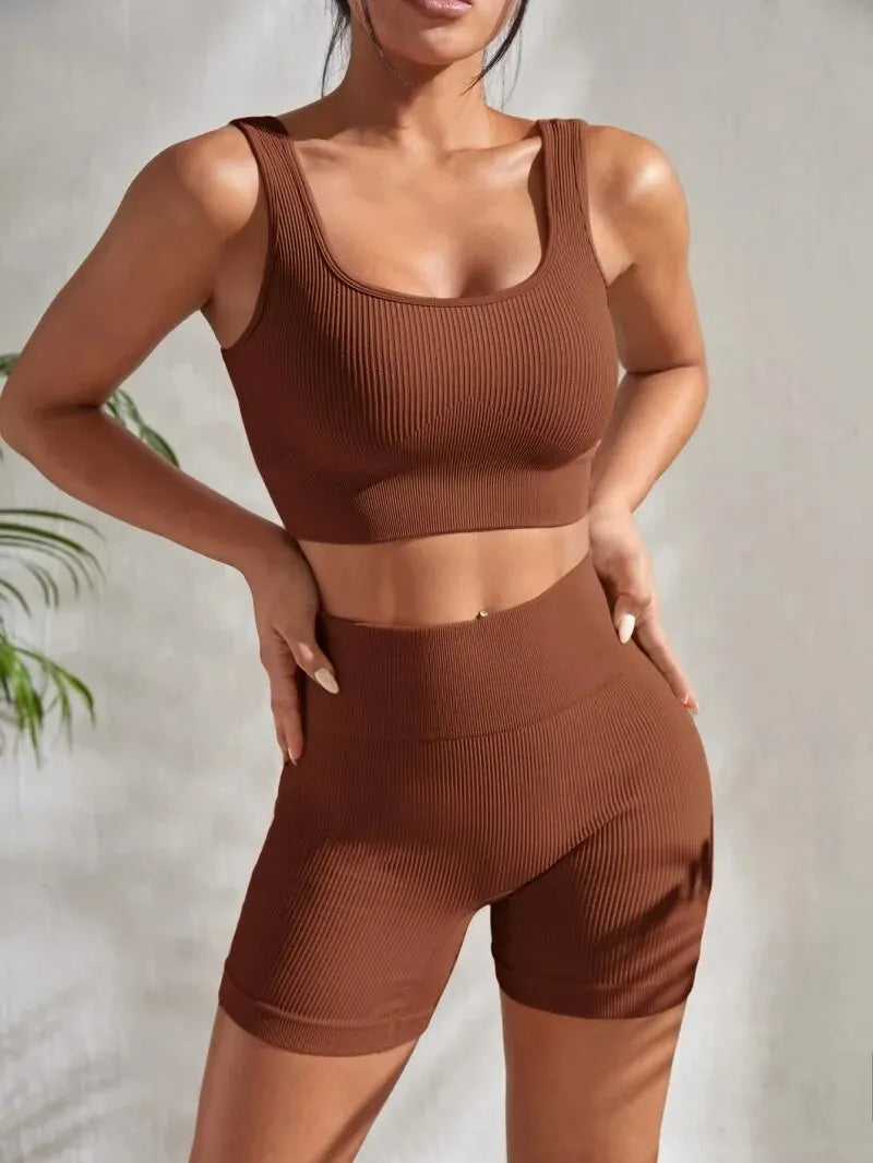 Ribbed Fitness Shorts Set for Women – Seamless Gym Outfit