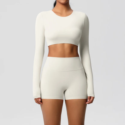 Women's 2-Piece Long Sleeve Yoga Set – High-Waisted Leggings & Crop Top Workout Outfit