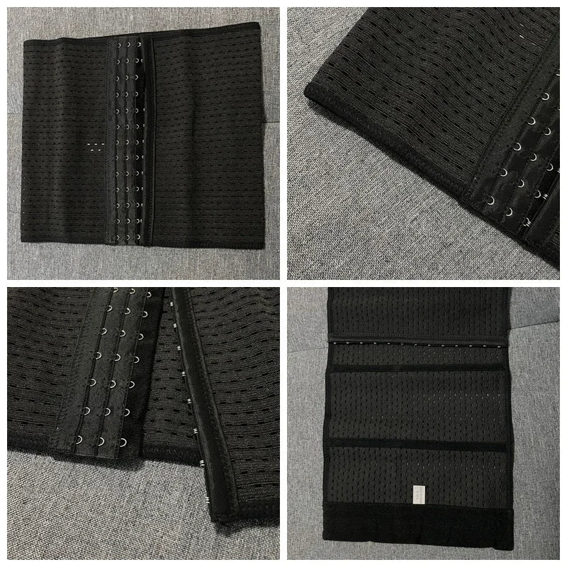 Black waist trainer with lace-up design on a gray surface
