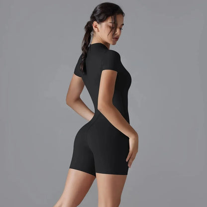 Zip-Up Short Sleeve Yoga Jumpsuit
