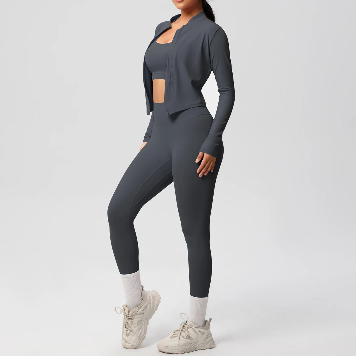 3-Piece SculptFit Yoga Set – Sports Bra, Zip Jacket & Leggings