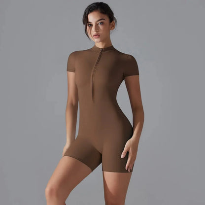 Zip-Up Short Sleeve Yoga Jumpsuit
