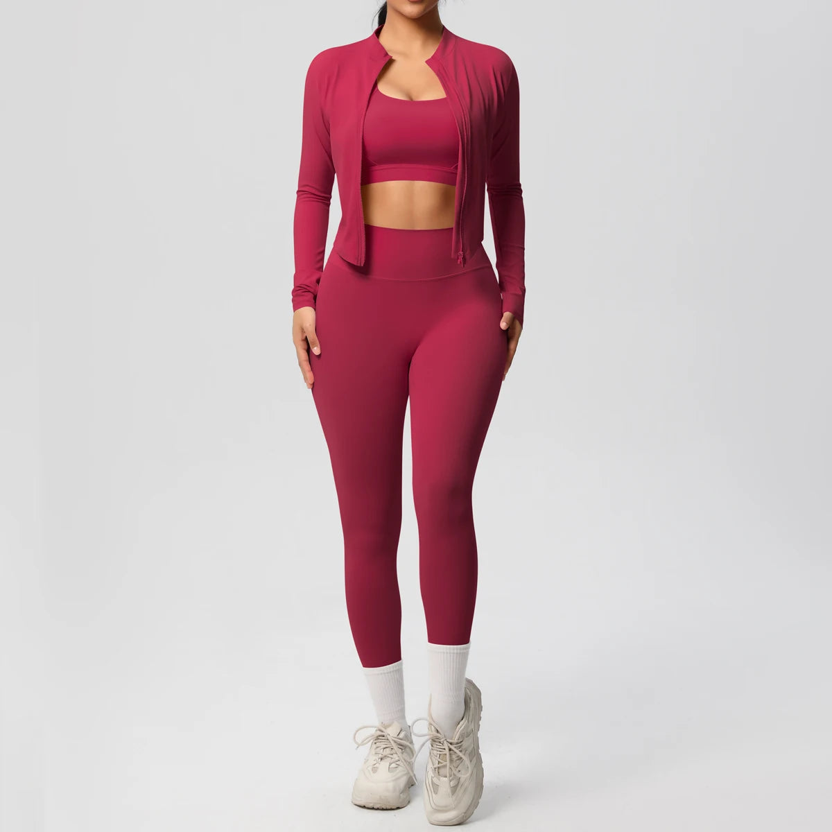 3-Piece SculptFit Yoga Set – Sports Bra, Zip Jacket & Leggings
