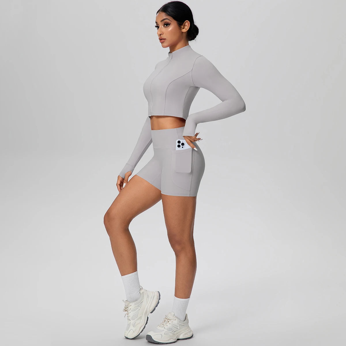 Women's Quick-Dry Running & Yoga Set – Zip-Up Jacket & Pocket Workout Shorts (2-Piece Activewear Set)