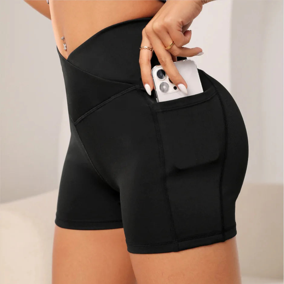 High-Waist Cross Waist Biker Shorts with Pockets