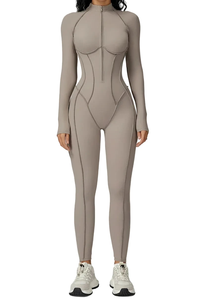FlexSculpt Zip-Up Yoga Bodysuit – Long Sleeve Compression Jumpsuit
