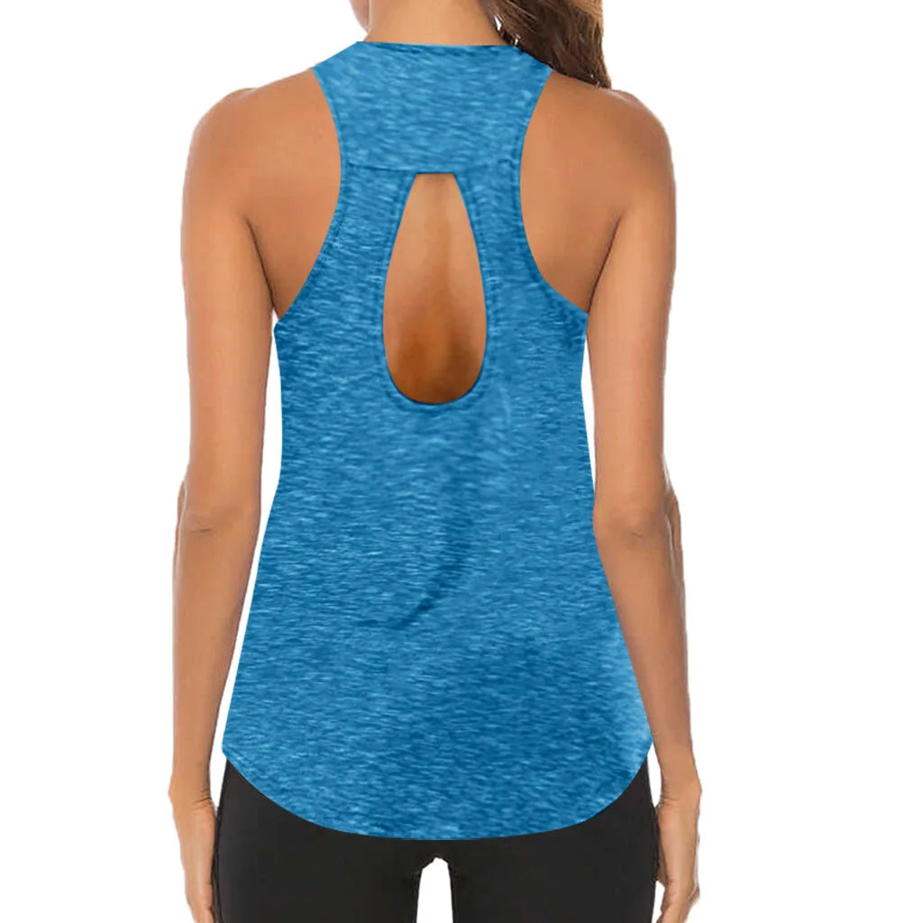 Blue tank top with open back worn by a person on a white background
