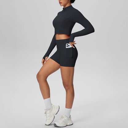 Women's Quick-Dry Running & Yoga Set – Zip-Up Jacket & Pocket Workout Shorts (2-Piece Activewear Set)