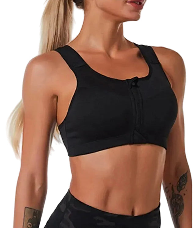 Black sports bra worn by a person on a white background