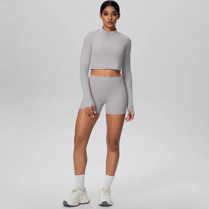 Women's Quick-Dry Running & Yoga Set – Zip-Up Jacket & Pocket Workout Shorts (2-Piece Activewear Set)