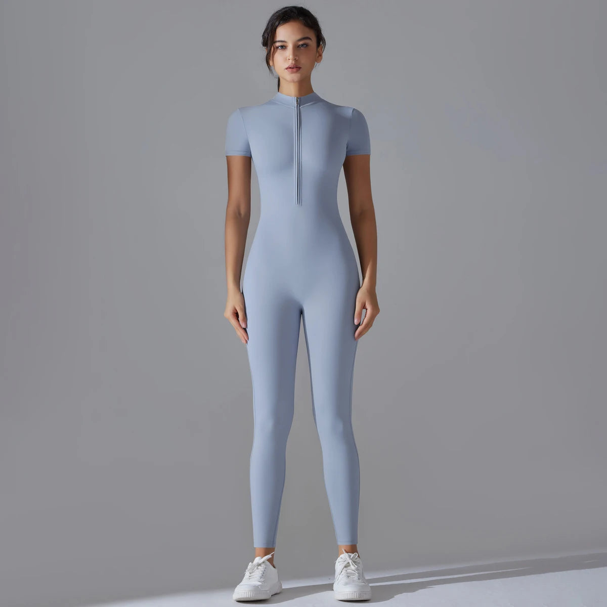 Zip-Up Short Sleeve Fitness Jumpsuit