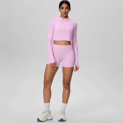 Women's Quick-Dry Running & Yoga Set – Zip-Up Jacket & Pocket Workout Shorts (2-Piece Activewear Set)