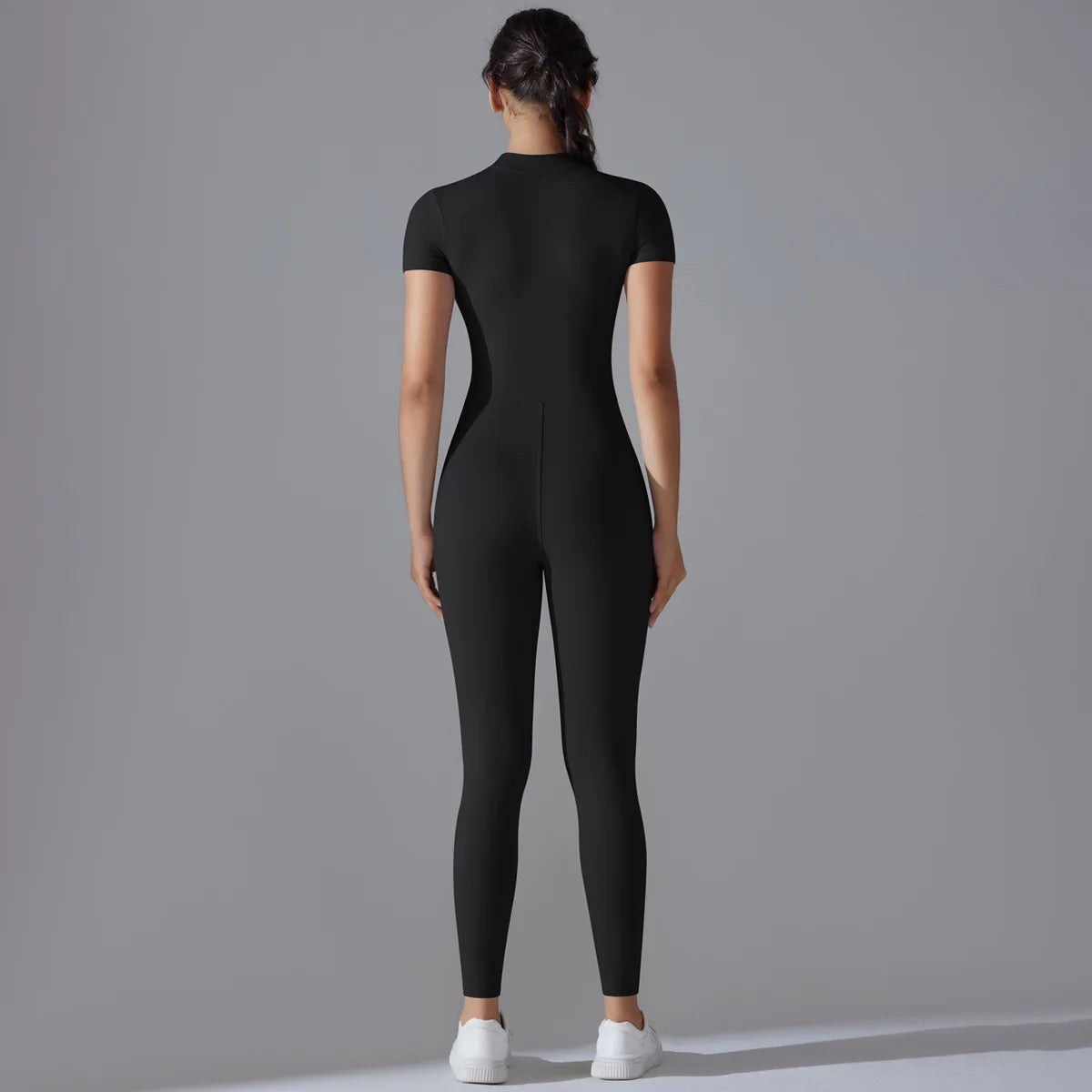 Zip-Up Short Sleeve Fitness Jumpsuit