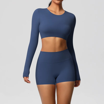 Women's 2-Piece Long Sleeve Yoga Set – High-Waisted Leggings & Crop Top Workout Outfit