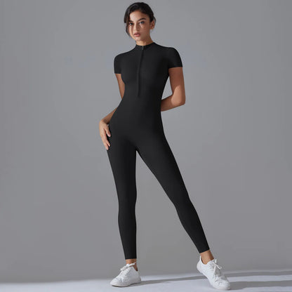 Zip-Up Short Sleeve Fitness Jumpsuit