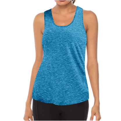 Blue tank top worn by a person on a white background