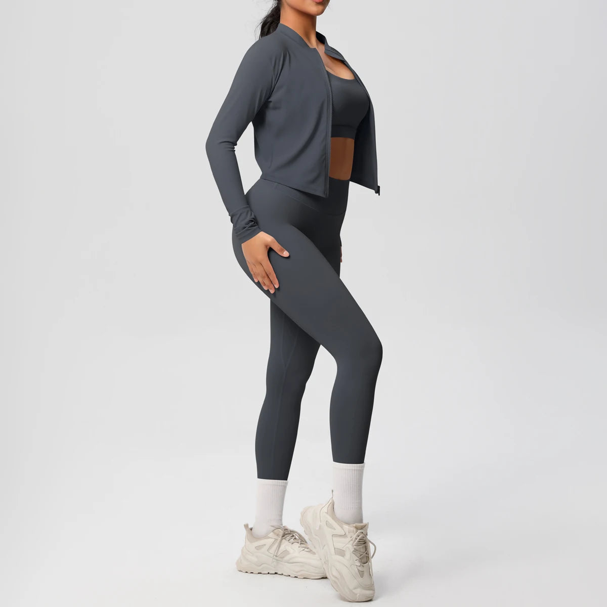 3-Piece SculptFit Yoga Set – Sports Bra, Zip Jacket & Leggings