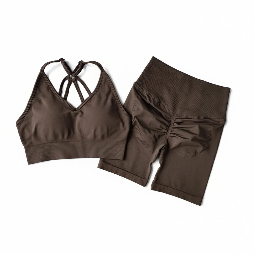 Brown sports bra and shorts set