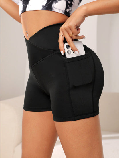 High-Waist Cross Waist Biker Shorts with Pockets