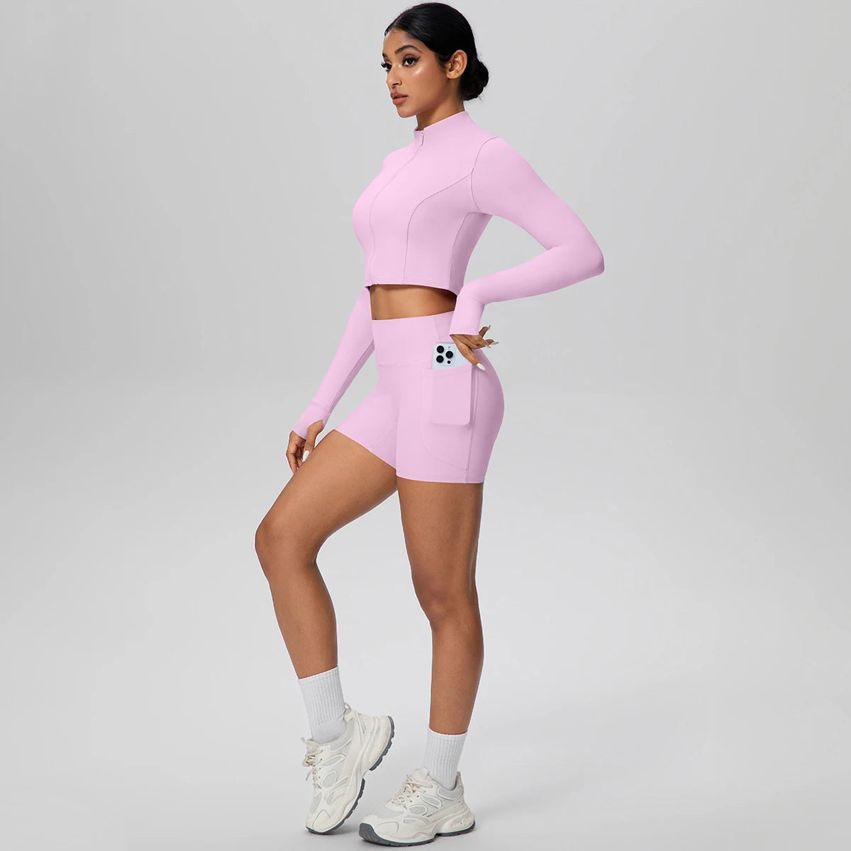 Women's Quick-Dry Running & Yoga Set – Zip-Up Jacket & Pocket Workout Shorts (2-Piece Activewear Set)