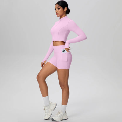 Women's Quick-Dry Running & Yoga Set – Zip-Up Jacket & Pocket Workout Shorts (2-Piece Activewear Set)