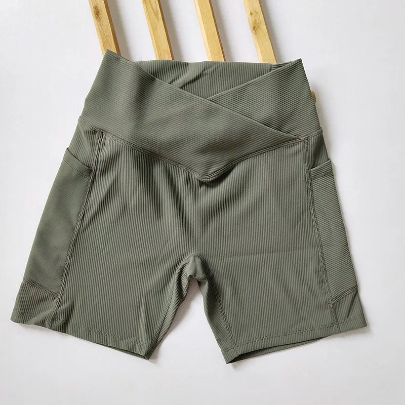Cross-Band High-Waist Biker Shorts with Pockets