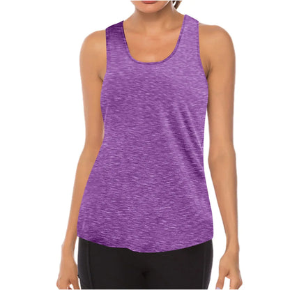 Purple tank top worn by a person on a white background