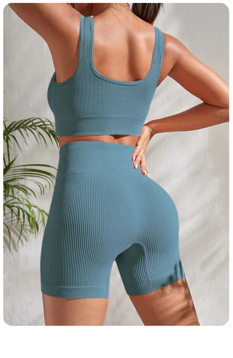 Ribbed Fitness Shorts Set for Women – Seamless Gym Outfit