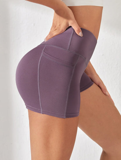 High-Waist Cross Waist Biker Shorts with Pockets