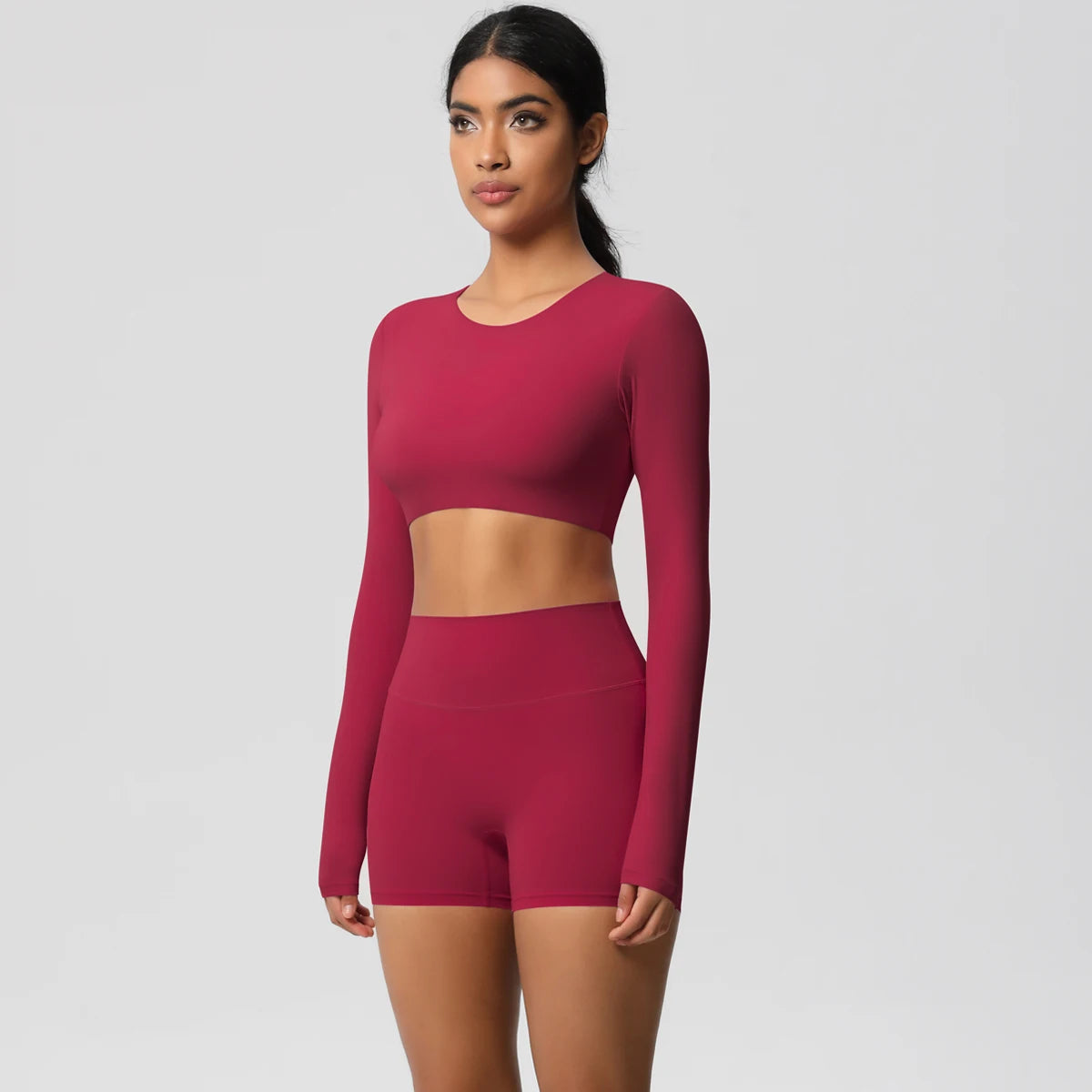 Women's 2-Piece Long Sleeve Yoga Set – High-Waisted Leggings & Crop Top Workout Outfit